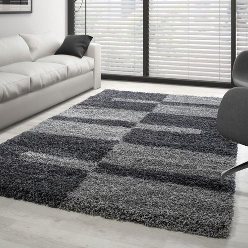 Roma - Tapis Shaggy à Motifs Traits - Gris Et Anthracite 280 X 370 Cm