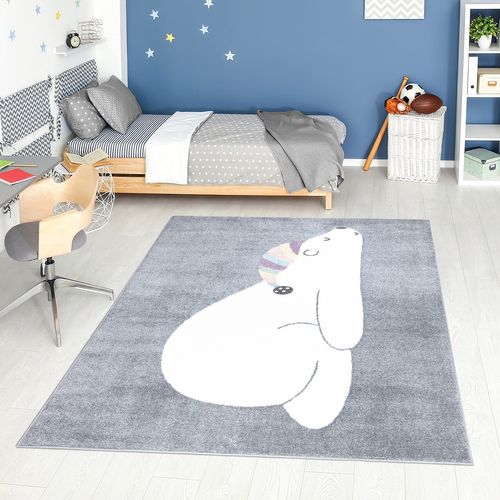 Tapis Pour Chambre D'enfant Gris Motif Ours Blanc 120x160cm