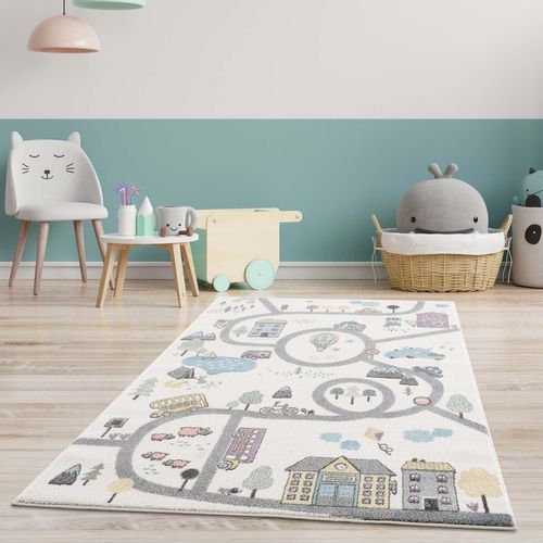 Tapis De Jeu Pour Chambre D'enfant Blanc Motif Route De L'école 120x160cm