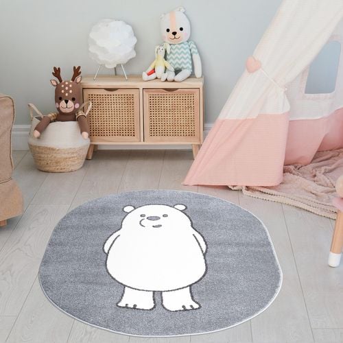 Tapis Ovale Pour Chambre D'enfant Gris Motif Ours Blanc 100x130cm