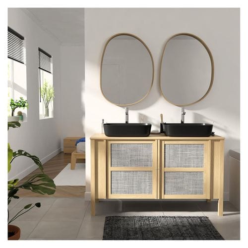 Meuble Double Vasque 130cm Chêne Nesto Cannage + Vasque + Robinet + Miroir