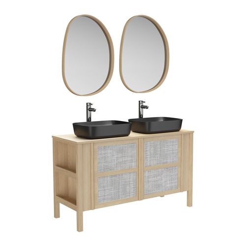 Meuble Double Vasque 130cm Chêne Nesto Cannage + Vasque + Robinet + Miroir