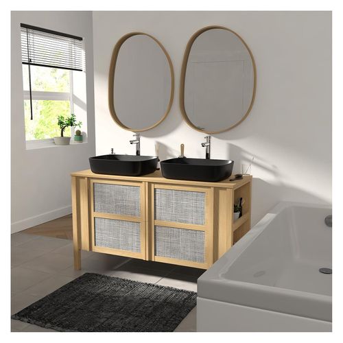 Meuble Double Vasque 130cm Chêne Nesto Cannage + Vasque + Robinet + Miroir