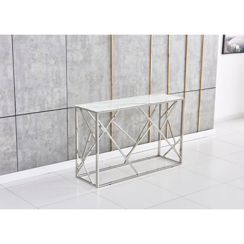 Table Console Geomag Inox Verre Marbre Blanc 120x40x78 Cm