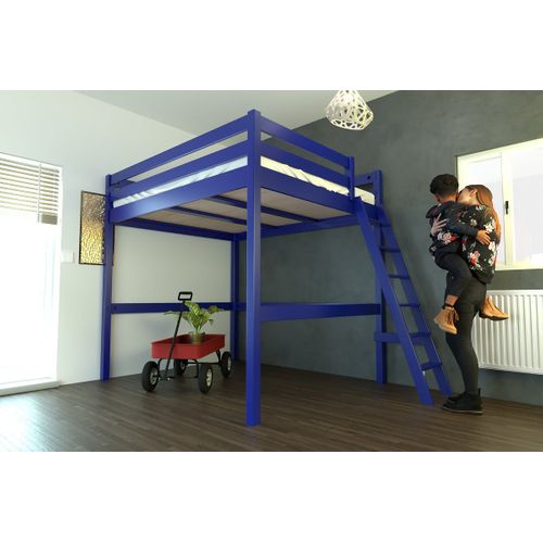 Lit Mezzanine Sylvia Avec Échelle Bois, Couleur: Bleu Foncé, Dimensions: 160x200