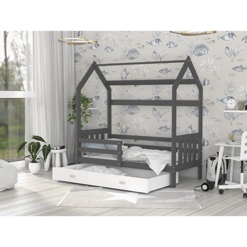 Lit Cabane 2  80x160 Gris - Blanc Livré Avec Sommiers, Tiroir Et Matelas En Mousse De 7cm