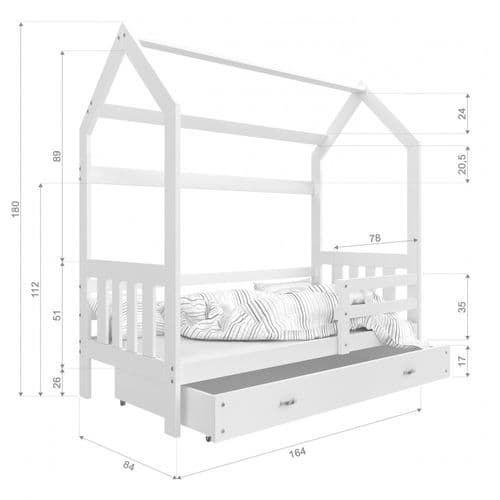 Lit Cabane 2  80x160 Gris - Blanc Livré Avec Sommiers, Tiroir Et Matelas En Mousse De 7cm