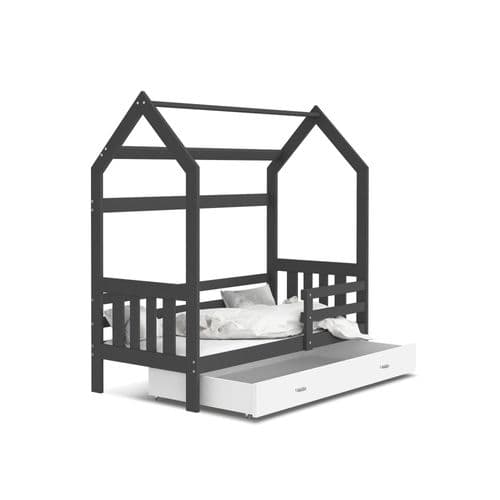 Lit Cabane 2  80x160 Gris - Blanc Livré Avec Sommiers, Tiroir Et Matelas En Mousse De 7cm