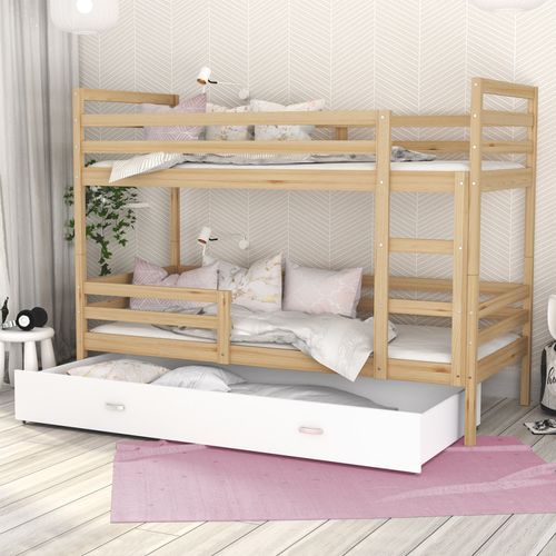 Lit Superposé Milo 90x190 Pin - Blanc Livré Avec Sommiers, Tiroir Et Matelas En Mousse De 7cm