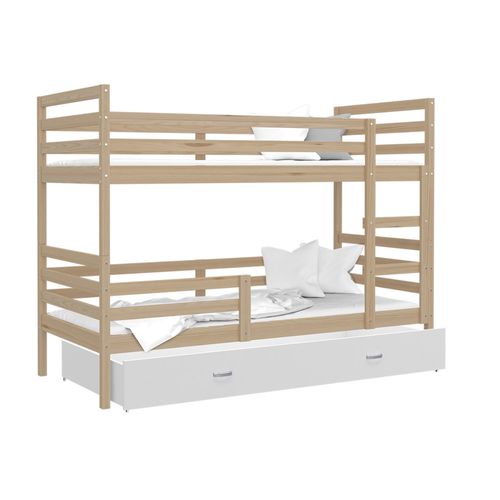 Lit Superposé Milo 90x190 Pin - Blanc Livré Avec Sommiers, Tiroir Et Matelas En Mousse De 7cm