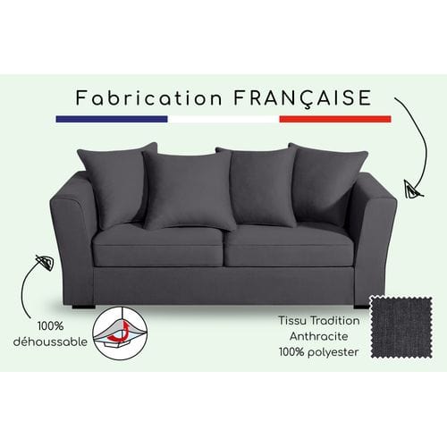 Canapé 3 Pl Yser 200 Cm Fixe Tissu Anthracite - 100% Déhoussable - Fab. France