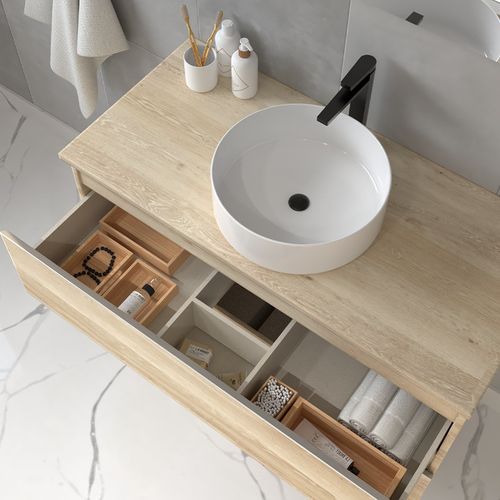 Meuble De Salle De Bain Avec Vasque à Poser Ronde Balea Et Miroir Rond LED Solen - Blanc - 80cm