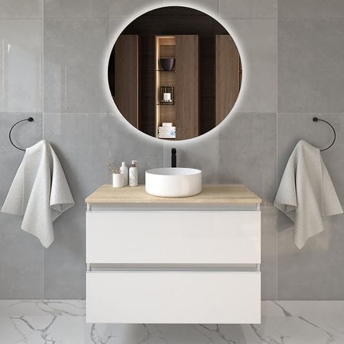 Meuble De Salle De Bain Avec Vasque à Poser Ronde Balea Et Miroir Rond LED Solen - Blanc - 80cm