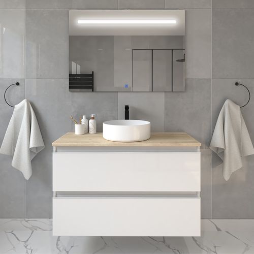 Meuble De Salle De Bain Avec Vasque à Poser Ronde Balea Et Miroir LED Stam - Blanc - 70cm