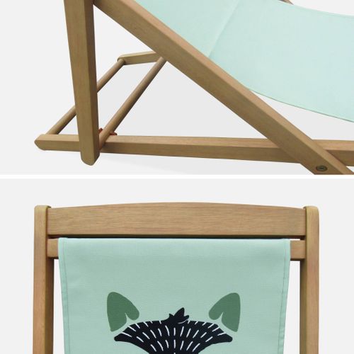 Lot De 2 Chiliennes Pour Enfant En Bois D'eucalyptus. Tissu Vert Clair Avec Motif Renard. Salon De