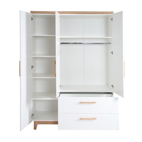 Armoire Finn 3 Portes - 2 Tiroirs - Blanc - Poignées en Bois Massif