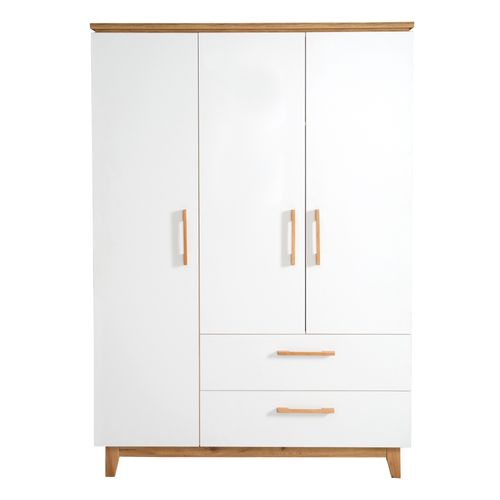 Armoire Finn 3 Portes - 2 Tiroirs - Blanc - Poignées en Bois Massif