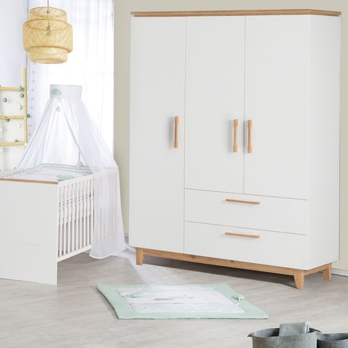 Armoire Finn 3 Portes - 2 Tiroirs - Blanc - Poignées en Bois Massif