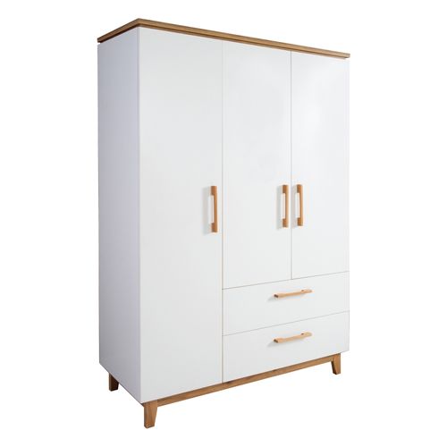 Armoire Finn 3 Portes - 2 Tiroirs - Blanc - Poignées en Bois Massif