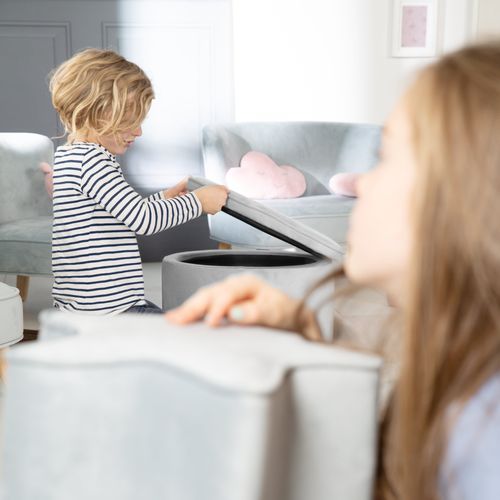 Tabouret Ovale En Velours Pour Chambre Enfant "Lil Sofa" - Avec Coffre De Rangement - Gris