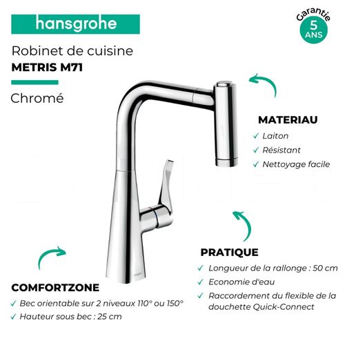 Robinet De Cuisine Avec Douchette Hansgrohe Metris M71 220 2 Jets Chromé