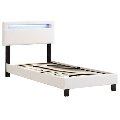 Lit LED Simple Evan 90x190 Cm, Avec Sommier, Revêtement En Synthétique Blanc