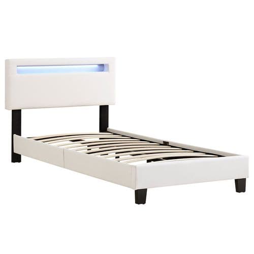 Lit LED Simple Evan 90x190 Cm, Avec Sommier, Revêtement En Synthétique Blanc