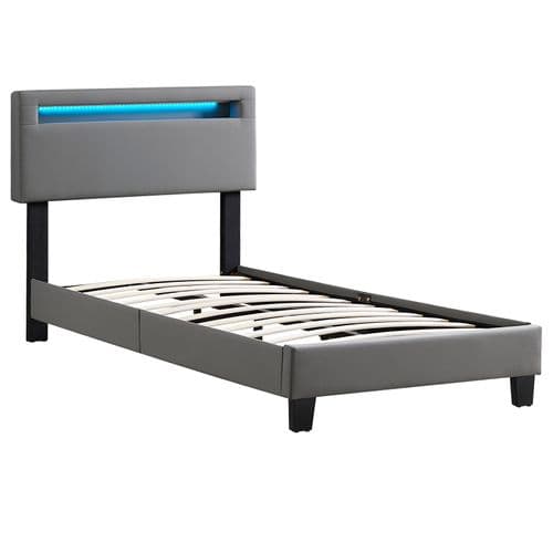 Lit LED Simple Evan 90x190 Cm, Avec Sommier, Revêtement En Synthétique Gris