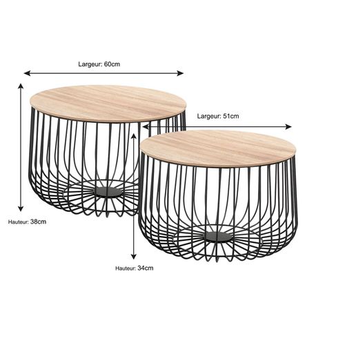 Lot De 2 Tables D'appoint Padova, En Métal Noir Et Décor Bois Naturel