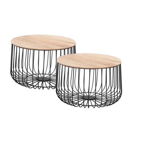 Lot De 2 Tables D'appoint Padova, En Métal Noir Et Décor Bois Naturel