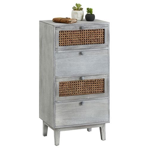 Chiffonnier Seeta Avec 4 Tiroirs, En Bois De Paulownia Lasuré Gris Et Rotin