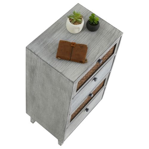 Chiffonnier Seeta Avec 4 Tiroirs, En Bois De Paulownia Lasuré Gris Et Rotin