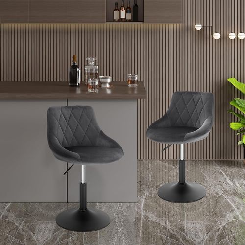 Lot De 2 Tabourets De Bar Siège Bien En Velours -hauteur Réglable Pieds En Métal-gris Foncé