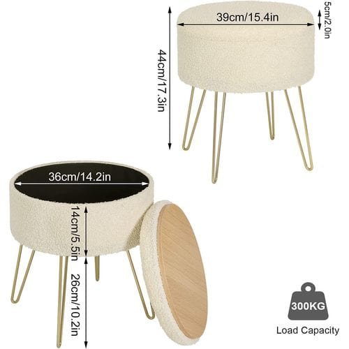 Pouf De Rangement Rond-tabouret Coiffeuse-siège En Molleton Polaire Avec Couvercle-beige