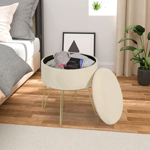 Pouf De Rangement Rond-tabouret Coiffeuse-siège En Molleton Polaire Avec Couvercle-beige