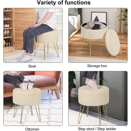 Pouf De Rangement Rond-tabouret Coiffeuse-siège En Molleton Polaire Avec Couvercle-beige