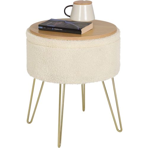 Pouf De Rangement Rond-tabouret Coiffeuse-siège En Molleton Polaire Avec Couvercle-beige