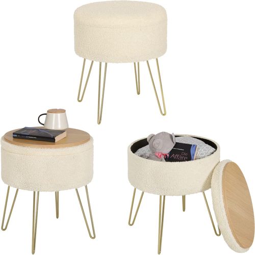 Pouf De Rangement Rond-tabouret Coiffeuse-siège En Molleton Polaire Avec Couvercle-beige