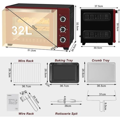 Mini-four Électrique 32l  1600w Minuterie 60 Min - 100-230℃ -Porte à Double Vitrage - Rouge+noir