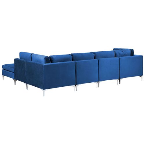 Canapé D'angle Modulaire 5 Places Côté Gauche Avec Ottoman En Velours Bleu Marine Evja