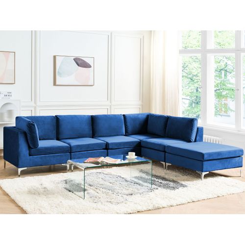 Canapé D'angle Modulaire 5 Places Côté Gauche Avec Ottoman En Velours Bleu Marine Evja