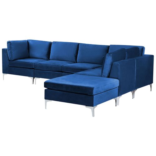 Canapé D'angle Modulaire 5 Places Côté Gauche Avec Ottoman En Velours Bleu Marine Evja