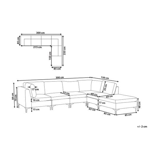 Canapé D'angle Modulaire 5 Places Côté Gauche Avec Ottoman En Velours Bleu Marine Evja