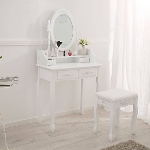 Coiffeuse Avec Miroir 4 Tiroirs Et Tabouret Inclus