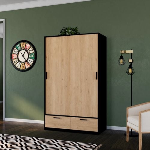 Armoire 2 portes coulissantes  DRESS 2 tiroirs chêne/ noir L.121 cm