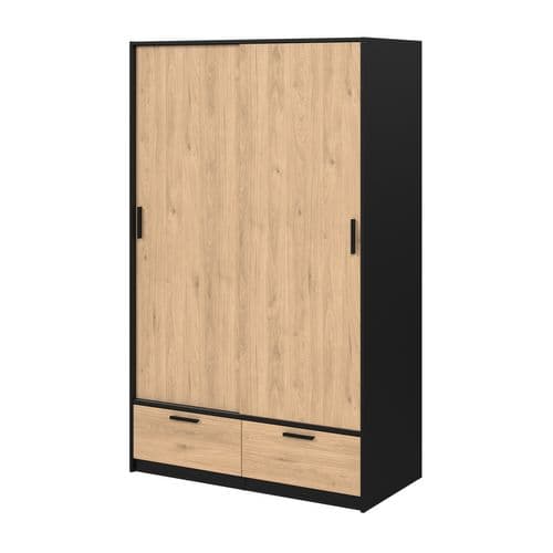 Armoire 2 portes coulissantes  DRESS 2 tiroirs chêne/ noir L.121 cm