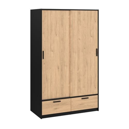 Armoire 2 portes coulissantes  DRESS 2 tiroirs chêne/ noir L.121 cm