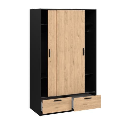 Armoire 2 portes coulissantes  DRESS 2 tiroirs chêne/ noir L.121 cm