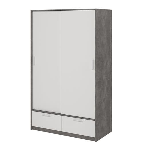 Armoire 2 portes coulissantes  DRESS  2tiroirs béton/ blan L.121 cm