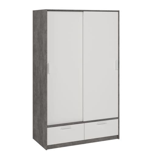 Armoire 2 portes coulissantes  DRESS  2tiroirs béton/ blan L.121 cm